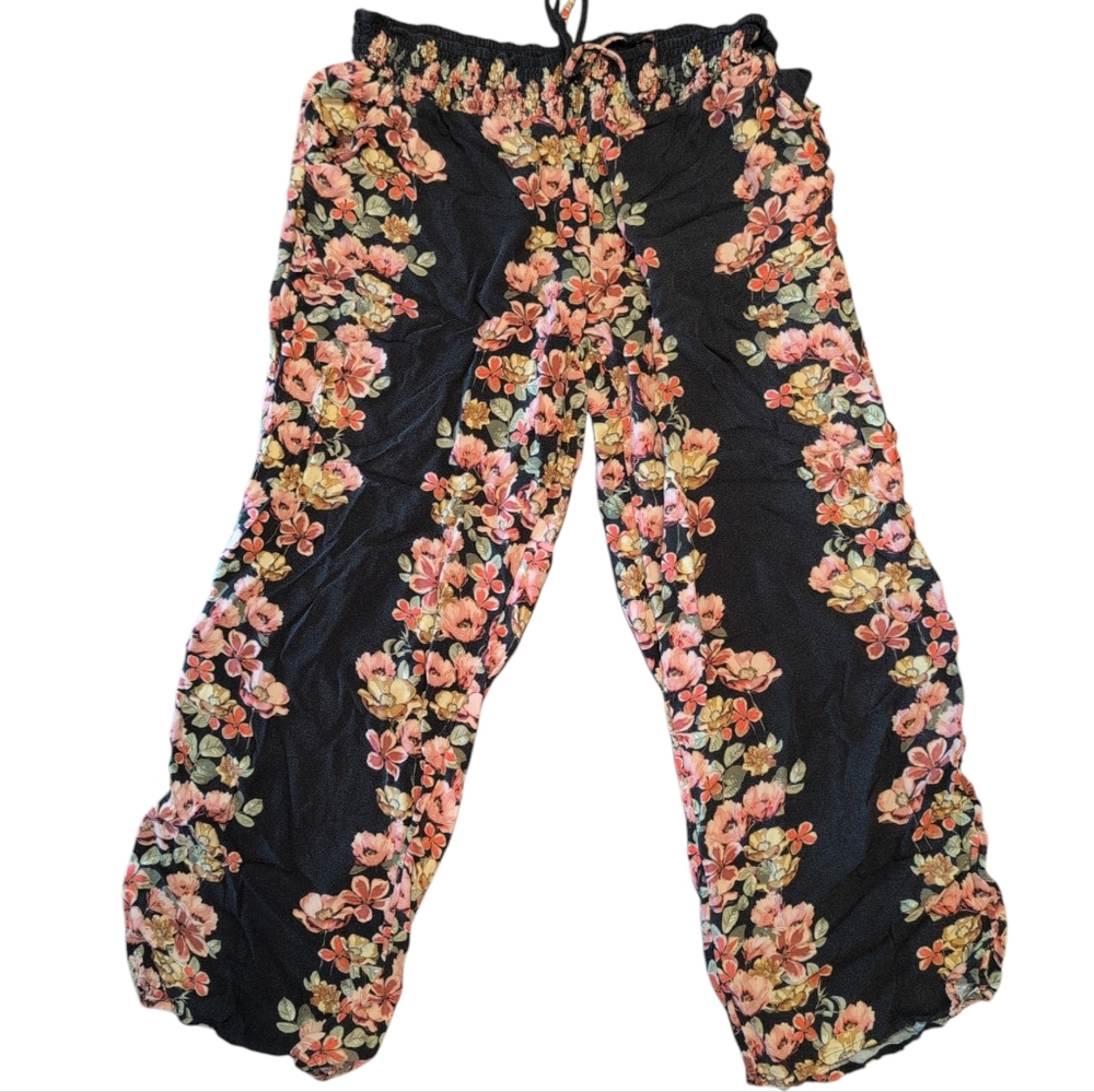 MAURICES Black Pink Tan Floral Wide Leg Flowy Pants